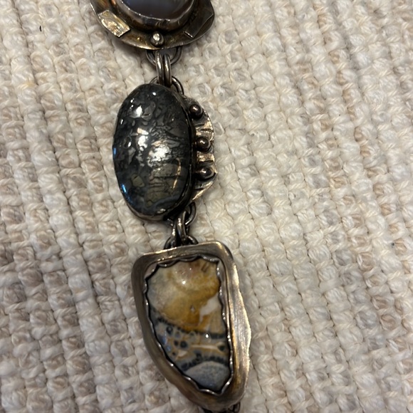 Handmade silver bracelet with tan and gray stones - Picture 3 of 6